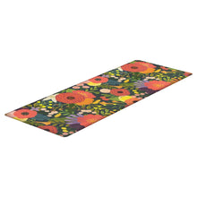 Kitchen runner rug with multicolor floral pattern on dark background, rectangular.