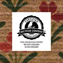 Faux coir doormat with recycled content certification badge overlay