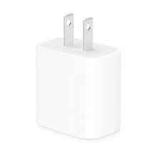 Apple 20W USB-C wall charger with two-prong plug, front view, white