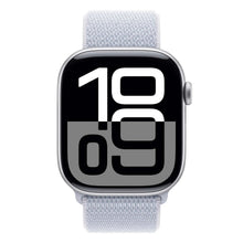 Smartwatch with black display and light gray woven Sport Loop band