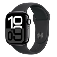 Black smartwatch with digital clock and sport band, rounded case