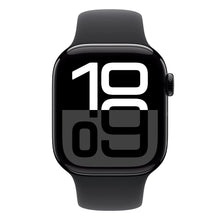 Black smartwatch with digital clock display and sport band, side buttons