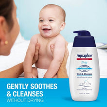 Baby on caregiver lap with wash & shampoo bottle, gently soothes and cleanses