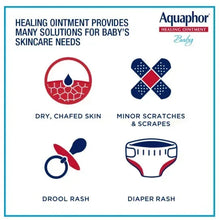 Aquaphor Baby Healing Ointment info panel showing uses: dry skin, minor scrapes, diaper rash