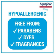 Aquaphor Baby Healing Ointment label panel: hypoallergenic free from parabens, dyes, fragrances