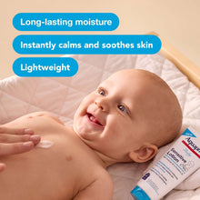 Baby with Aquaphor Baby Sensitive Lotion tube beside, long-lasting moisture callout