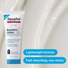Aquaphor Baby Sensitive Lotion tube with blue base, lightweight fast-absorbing formula