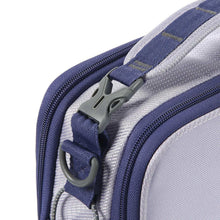 Purple insulated lunch bag corner detail with sturdy handle and zip pull hardware
