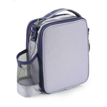 Light gray front panel lunch bag with purple trim and zippered side mesh bottle holder