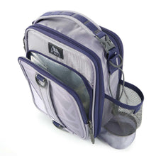 Purple expandable lunch bag with clear front pockets and zippered mesh side bottle holder