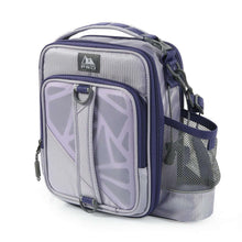 Purple insulated lunch bag with front window pocket and zippered mesh side bottle holder