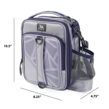 Lavender insulated lunch bag with front clear pocket, mesh side bottle holder, and straps
