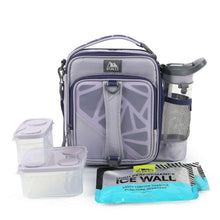Lavender lunch bag with front zip pocket, clear insulated window, and side mesh bottle holder