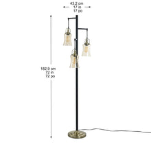3-light floor lamp size diagram: black pole, brass base, clear glass shades