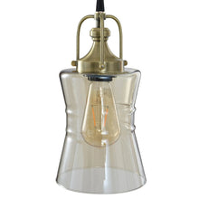 Glass shade with exposed bulb on brass and black top for 3-light floor lamp