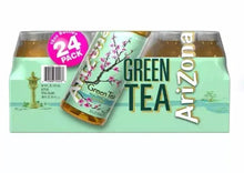 AriZona green tea 24-pack tray with two bottles visible, green tea bottle label