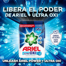 Ariel Ultra Oxi laundry detergent bag surrounded by water bubble graphics