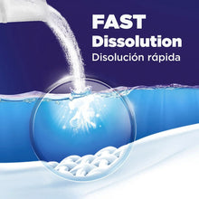 Detergent dissolving graphic with water stream pouring into powder