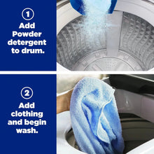 Washer with blue detergent powder and a light-blue cloth during wash