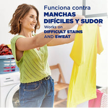 Laundry detergent advertising panel with stain-removal and sweat icons