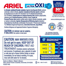 Laundry detergent product label with caution text and dosing chart on the bag