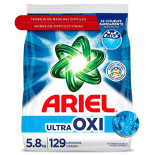 Laundry detergent powder bag with Ariel Ultra Oxi logo and blue capsule graphic