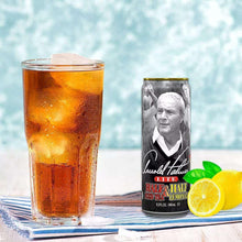 Iced tea lemonade glass with ice and lemon wedge beside Half & Half can