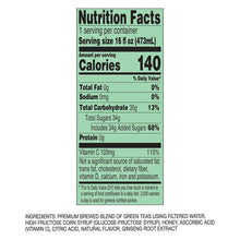 Green tea drink Nutrition Facts panel with calories and serving size text
