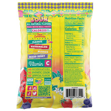 Sour fruit snack bag back panel with nutrition and flavor info