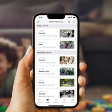 Smartphone displaying a security camera activity feed with video thumbnails