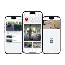 Three smartphones showing security camera app screens with live views and zones