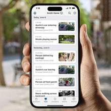 Smartphone showing indoor camera feed with events and camera thumbnails