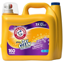 Yellow liquid laundry detergent jug with blue cap and front OxiClean odor blasters label