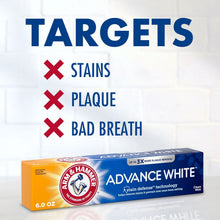 Arm & Hammer Advance White toothpaste targets stains, plaque, and bad breath graphic