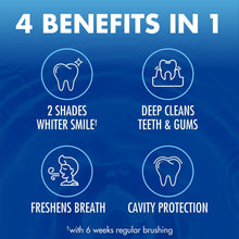 Arm & Hammer Advance White toothpaste benefits panel with icons for brushing