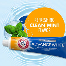 Arm & Hammer Advance White clean mint toothpaste tube with water splash and mint leaves