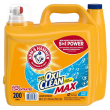 Yellow laundry detergent jug with blue label; Arm & Hammer Plus OxiClean MAX