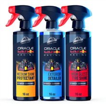 Three dark-blue spray bottles with red nozzles, car protect & shine detailing kit