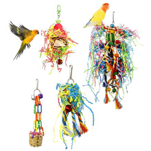 Bird shredding toy set of four hanging colorful rope and fabric tassel toys