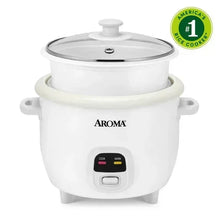White 6-cup rice cooker with domed lid and steam tray, countertop steamer
