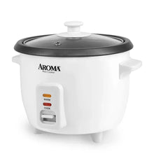 White Aroma rice cooker with black lid, side handle, and warm/cook controls