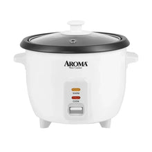 White Aroma rice cooker with black lid and warm/cook control panel