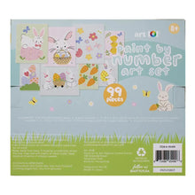 Easter paint-by-number art set box back with rabbits and 99 pieces text