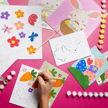 Paint-by-number bunny and garden templates with paint brush and pastel paint dots