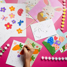 Paint-by-number Easter cards with bunny egg design, brush, and color paint pots