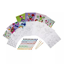 Spring paint-by-number art set with white stencil sheets, paint pots, and brushes