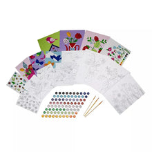 Paint-by-number art set with blank activity sheets, paint dots, and wooden brushes
