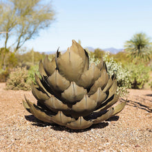 Agave artichoke metal sculpture with layered leaf petals, golden beige and dark bronze patina