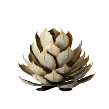 Agave artichoke metal sculpture, layered leaf petals on small dark feet, light and bronze finish
