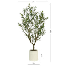 Artificial olive tree with white planter, slim trunk and dense green leaves